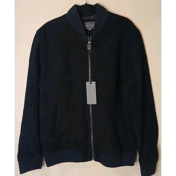 Slate & Stone Mens L Black Bomber Jacket 100% Goat Suede Leather Classic $598 - Picture 2 of 16